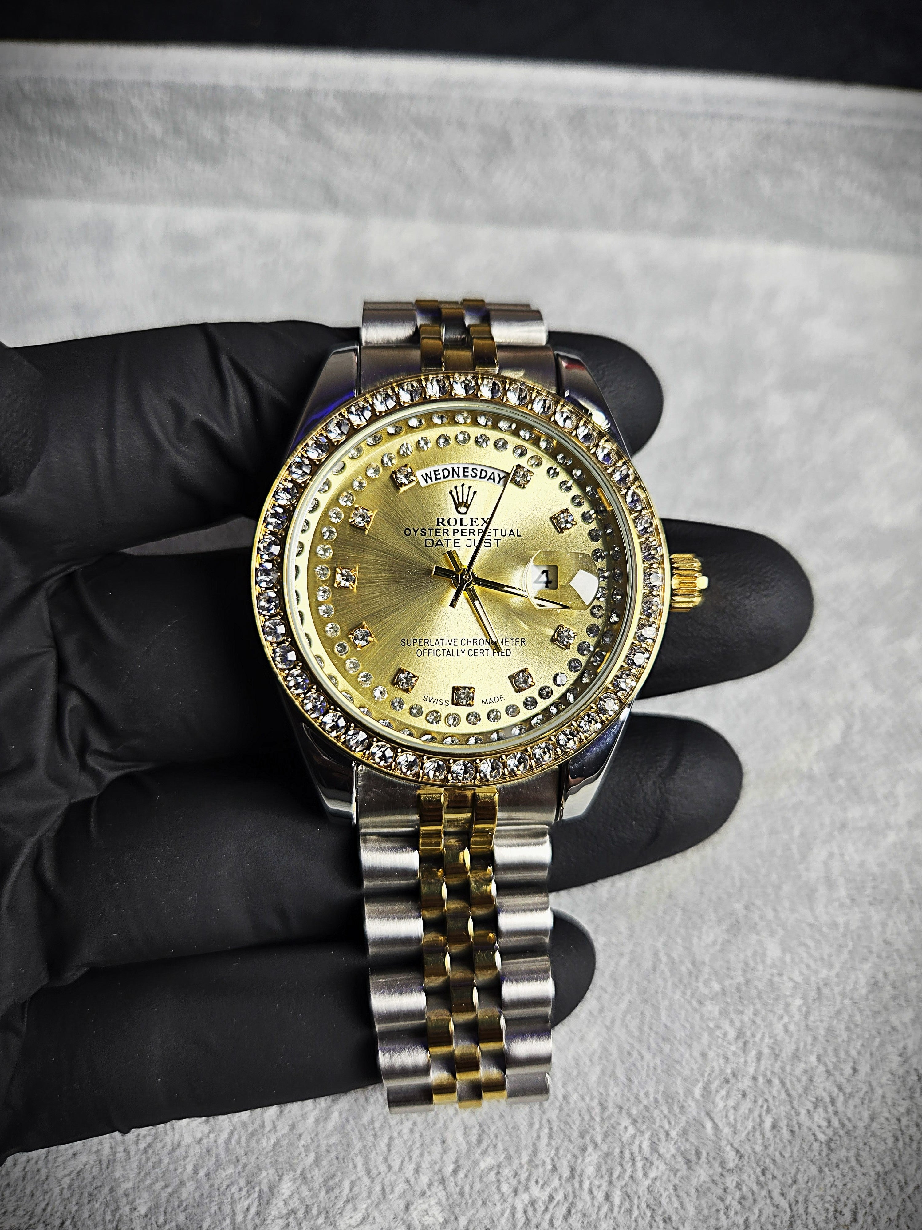 Rolex Day-Date Oyster Perpetual – Two-Tone Steel & Yellow Gold with Diamond Dial and Bezel
