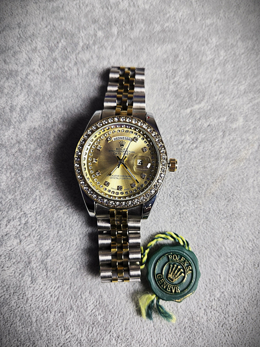 Rolex Day-Date Oyster Perpetual – Two-Tone Steel & Yellow Gold with Diamond Dial and Bezel
