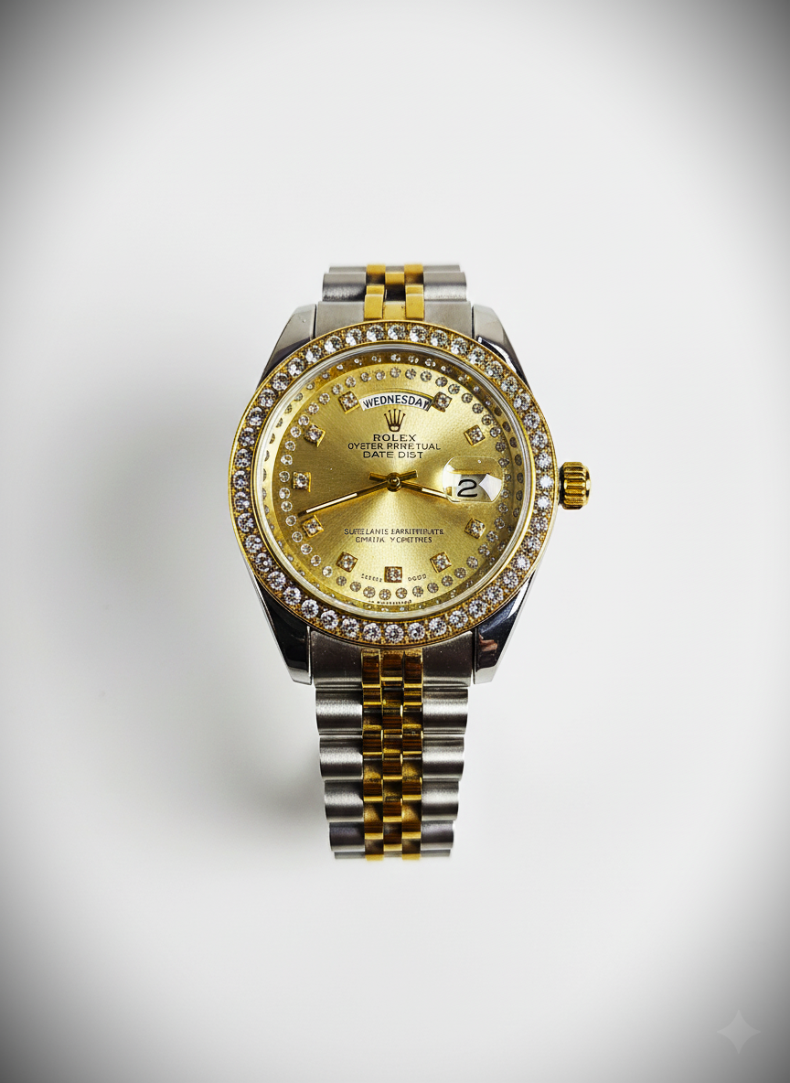 Rolex Day-Date Oyster Perpetual – Two-Tone Steel & Yellow Gold with Diamond Dial and Bezel